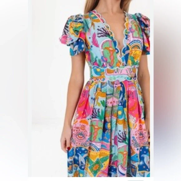 J.Marie Vibrant Print Puff-Sleeve V-Neck Dress - Multicolor - Picture 1 of 1